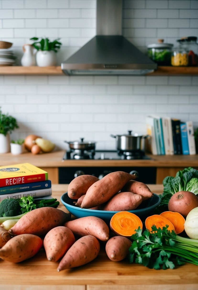 A colorful array of sweet potatoes, vegetables, and recipe books on a kitchen counter