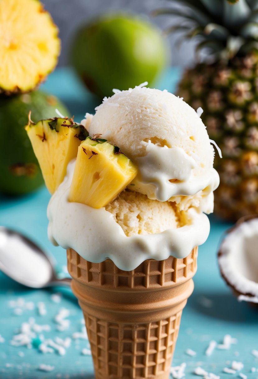 A scoop of coconut pineapple ice cream on a cone, topped with fresh pineapple chunks and shredded coconut