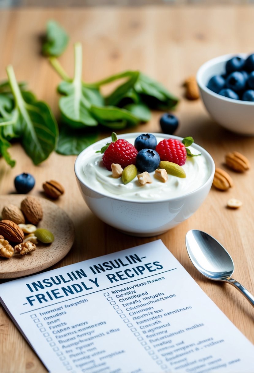 A table topped with Greek yogurt, berries, nuts, and leafy greens. A list of insulin-friendly recipes lies nearby