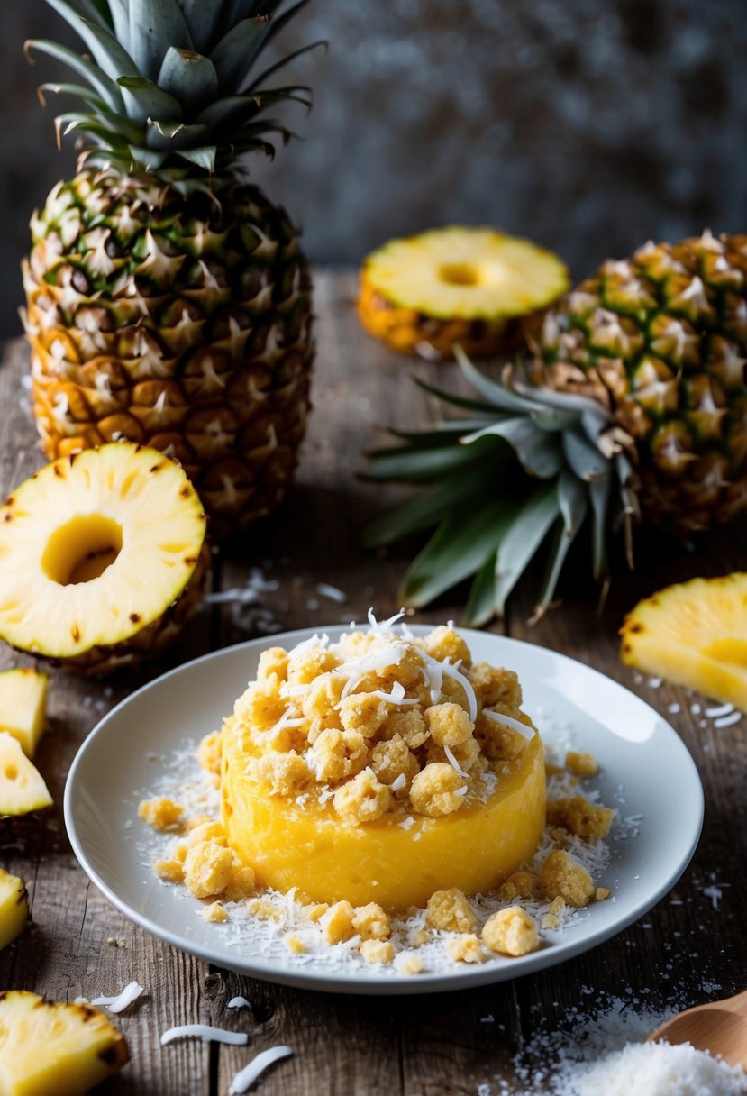 A golden pineapple coconut crumble sits on a rustic wooden table, surrounded by fresh pineapple slices and shredded coconut