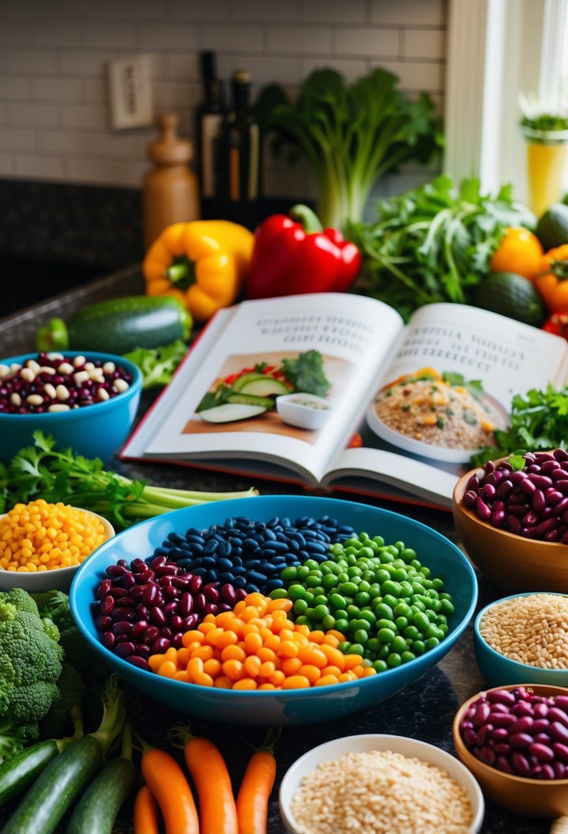 A colorful array of beans, vegetables, and whole grains arranged on a kitchen counter, with a cookbook open to a page of insulin resistance-friendly recipes