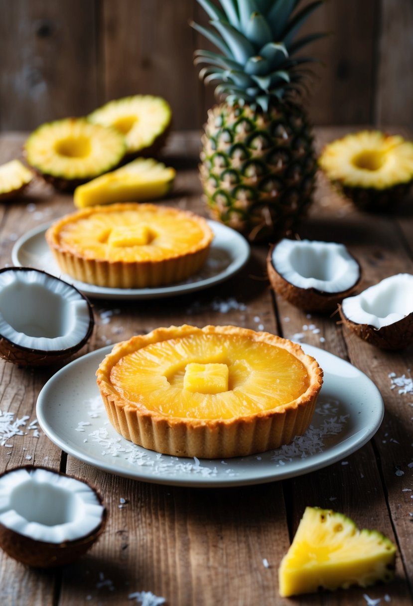 A golden toasted coconut pineapple tart on a rustic wooden table with fresh pineapple and coconut scattered around