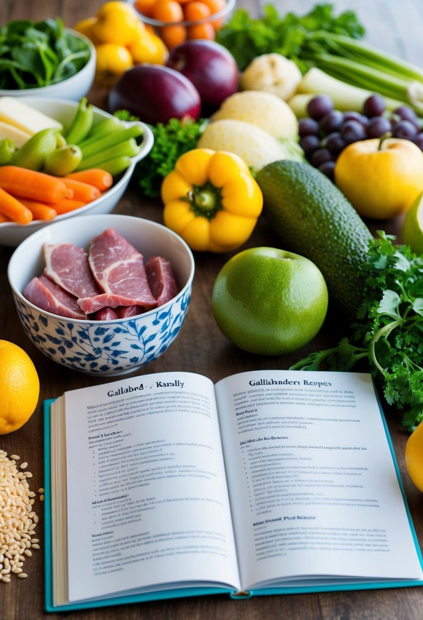 A table set with a variety of fresh fruits, vegetables, lean meats, and whole grains. A cookbook open to a page of gallbladder-friendly recipes