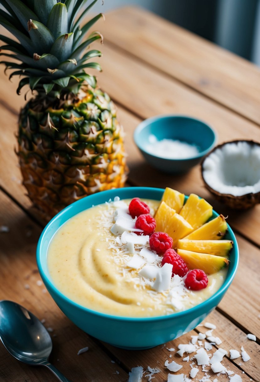 A vibrant pineapple coconut smoothie bowl topped with fresh fruit and coconut flakes on a wooden table