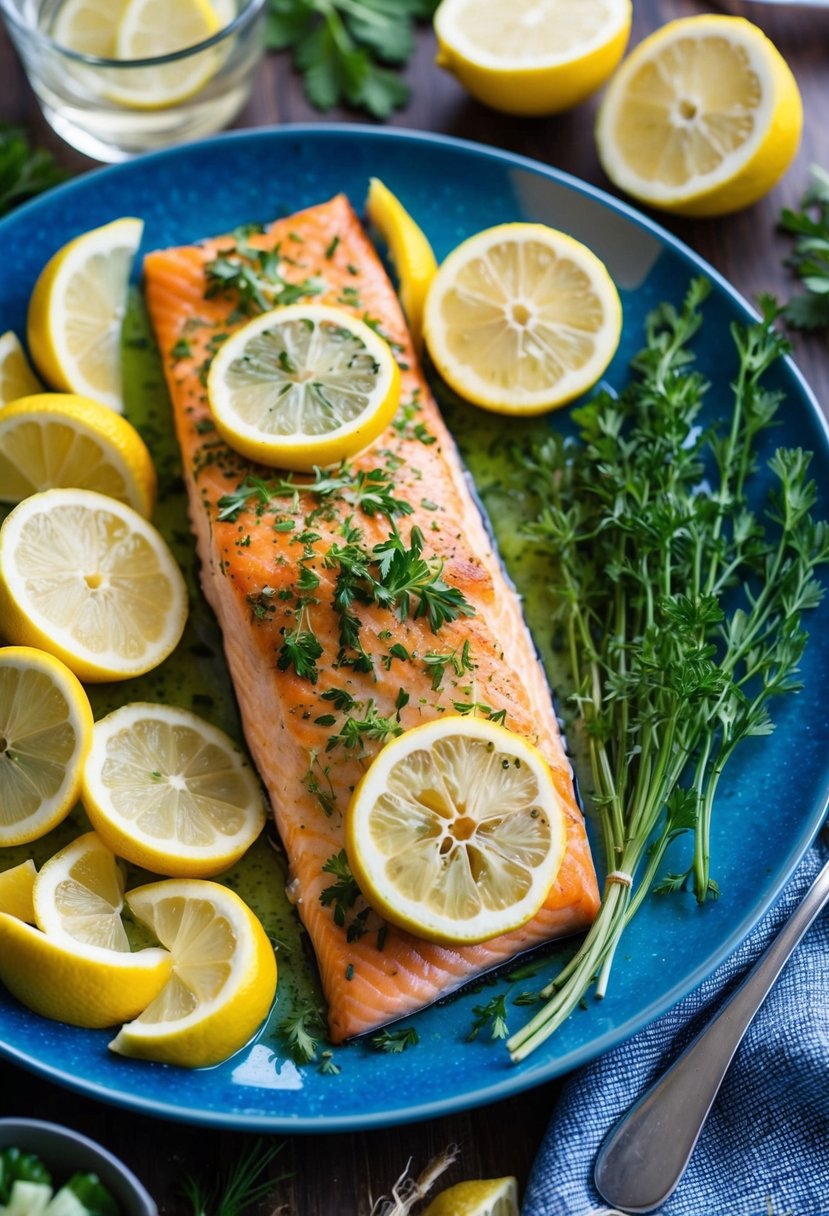 A colorful plate of lemon herb baked salmon surrounded by fresh herbs and sliced lemons, with a side of steamed vegetables