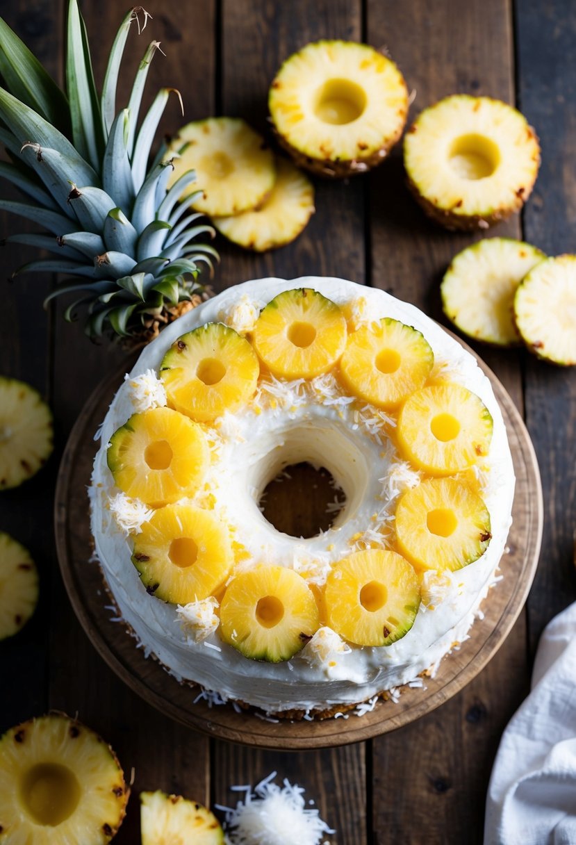 A coconut pineapple upside-down cake sits on a rustic wooden table, surrounded by fresh pineapple slices and shredded coconut