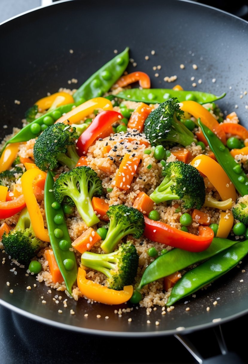 A colorful stir-fry sizzling in a wok, filled with quinoa, bell peppers, broccoli, carrots, and snow peas, with a sprinkle of sesame seeds on top