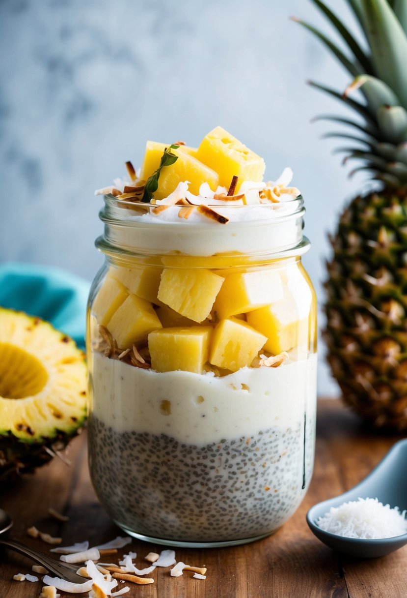 A glass jar filled with layers of pineapple, coconut, and chia pudding, topped with fresh pineapple chunks and shredded coconut