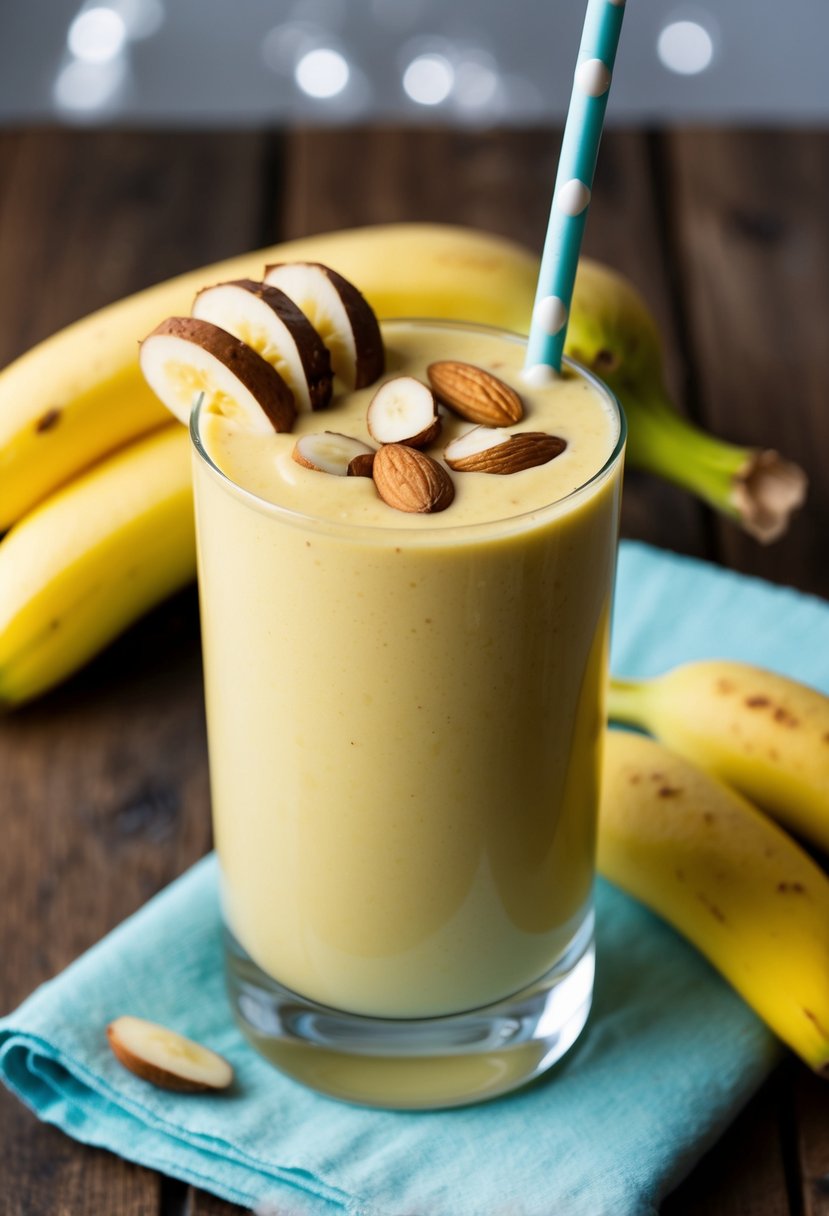 A glass filled with a creamy yellow smoothie, topped with sliced almonds and a banana on the side