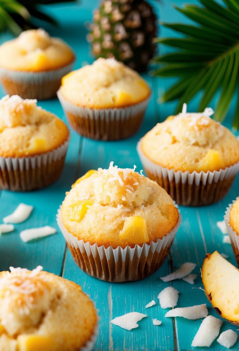 A table set with freshly baked coconut pineapple muffins, surrounded by tropical fruits and coconut shavings