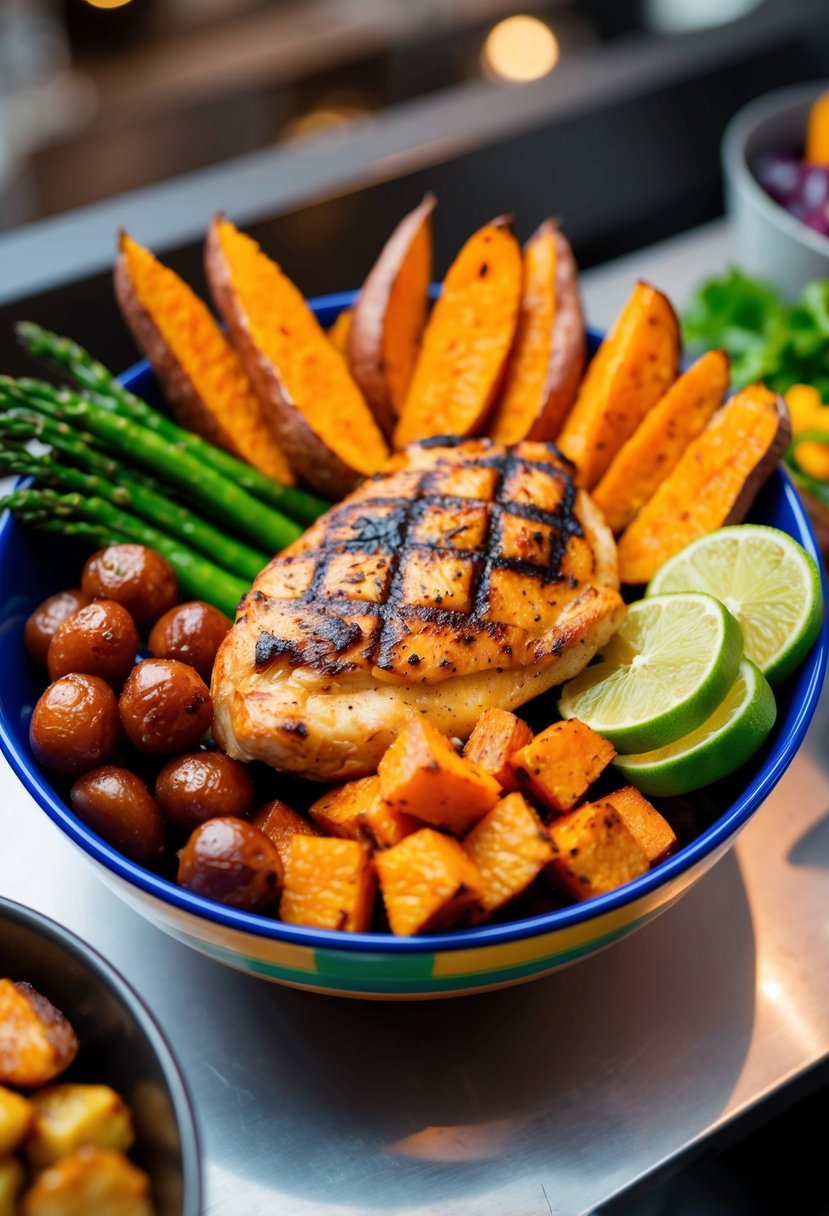 A colorful bowl filled with grilled chicken, roasted sweet potatoes, and fresh vegetables, arranged in an appetizing display