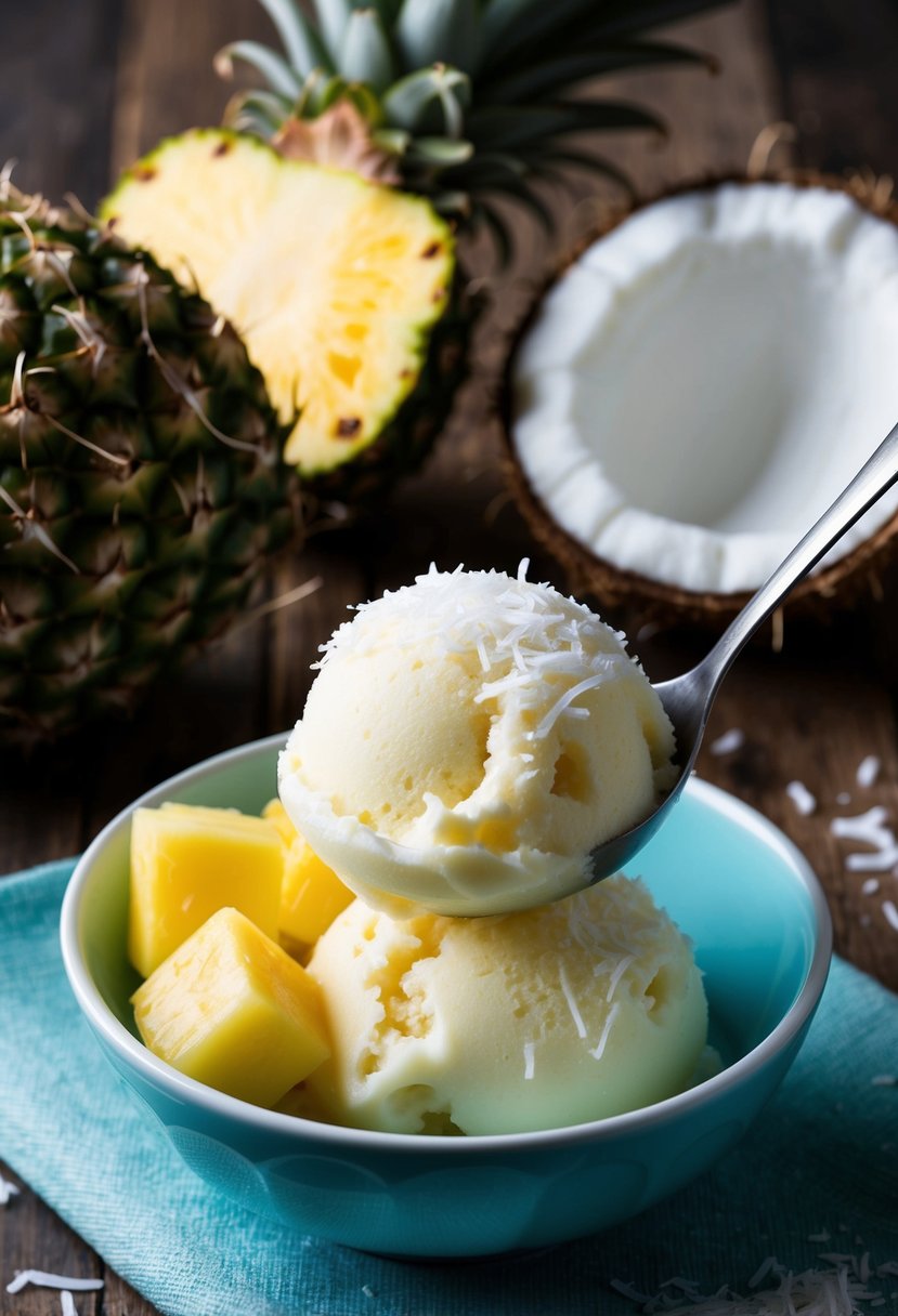 A refreshing pineapple coconut sorbet being scooped into a bowl, garnished with fresh pineapple chunks and shredded coconut on top