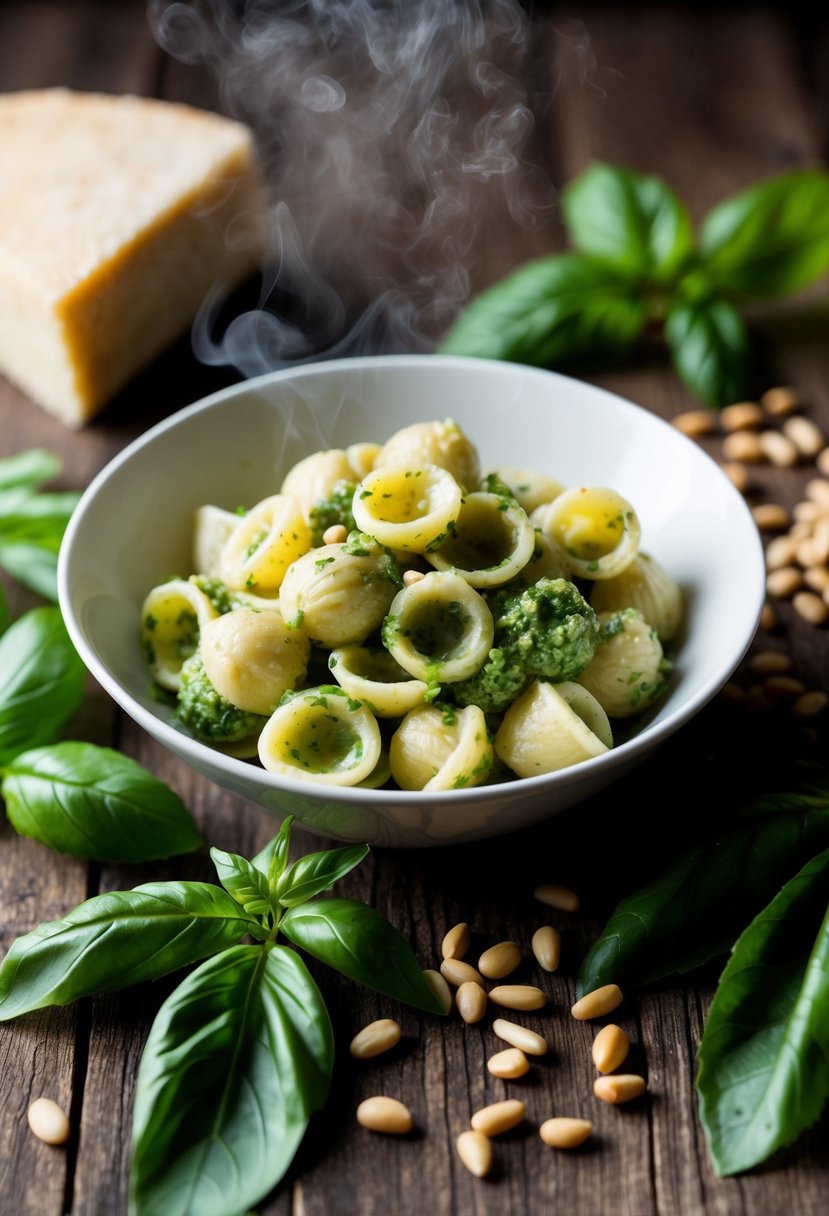 A steaming bowl of creamy pesto orecchiette sits on a rustic wooden table, surrounded by fresh basil leaves, pine nuts, and a wedge of parmesan cheese