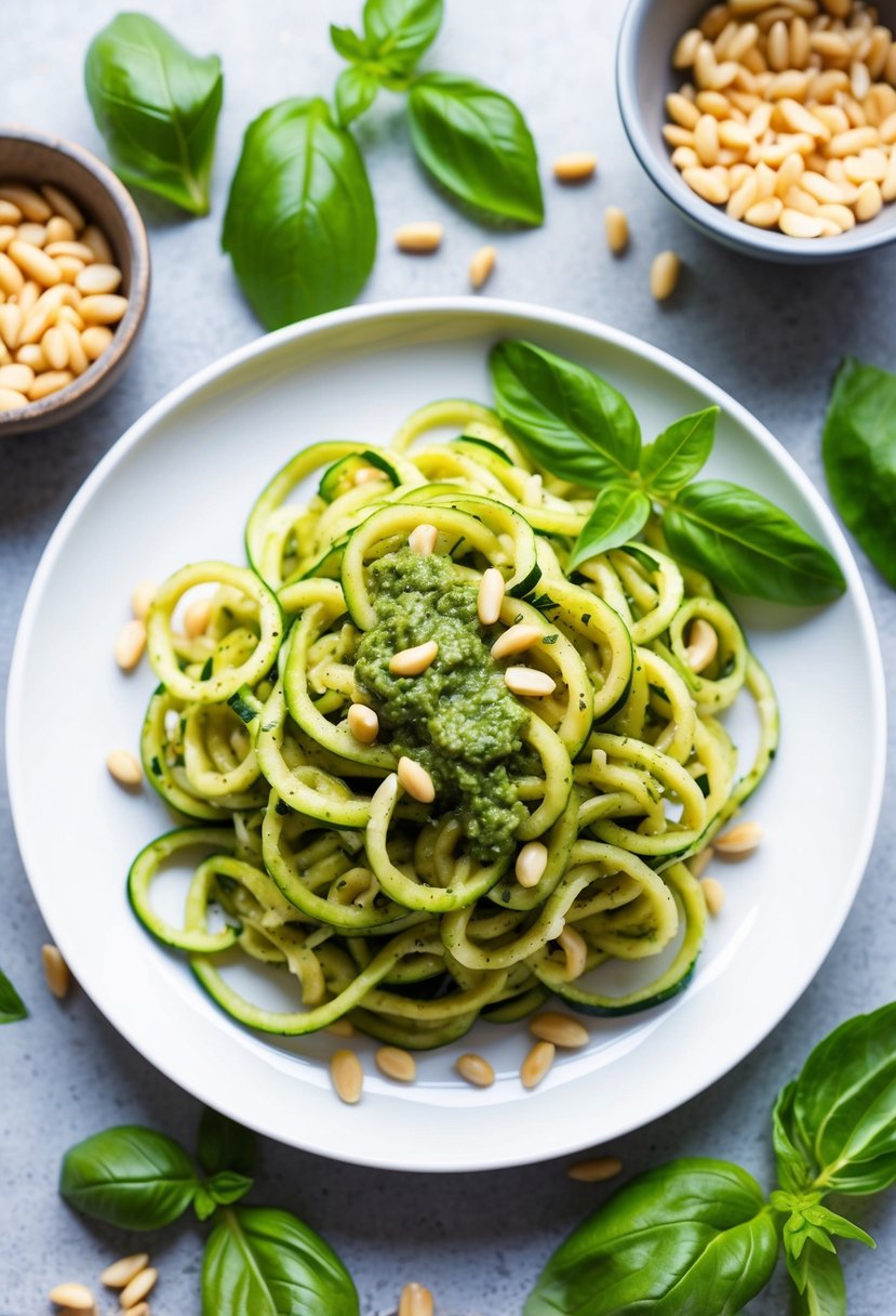 A plate of zucchini noodles topped with pesto sauce, surrounded by fresh basil leaves and pine nuts