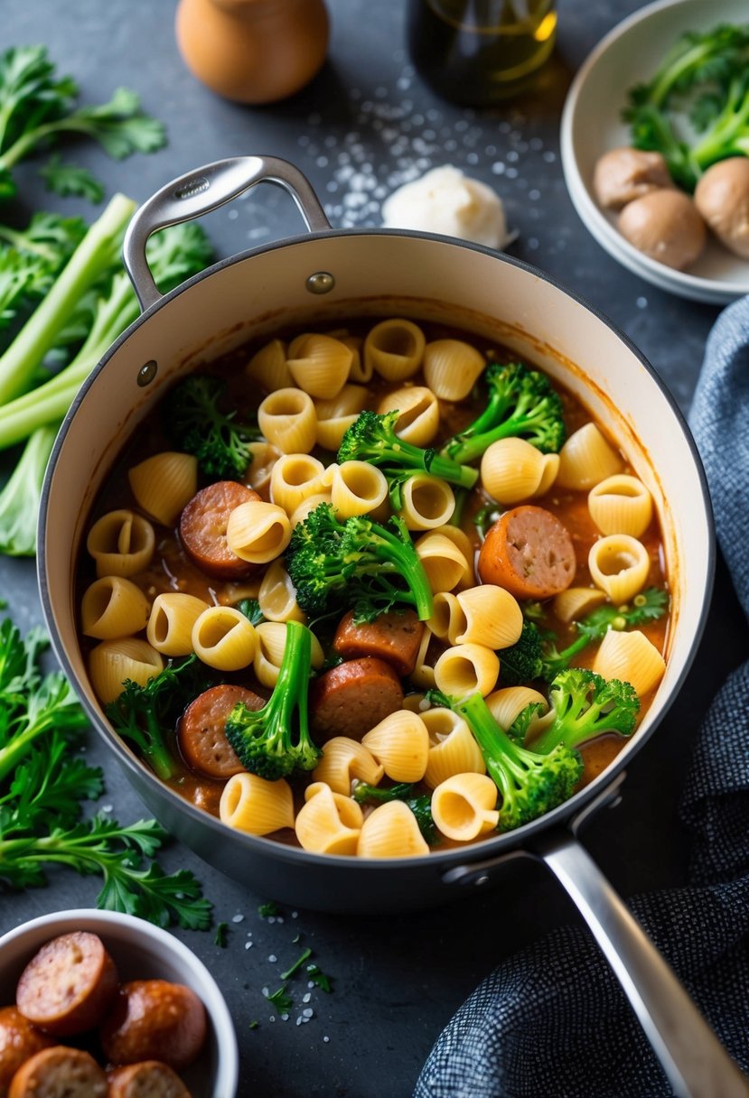 A steaming pot of orecchiette pasta, broccoli rabe, and sausage simmering in a savory sauce, surrounded by fresh ingredients and cooking utensils