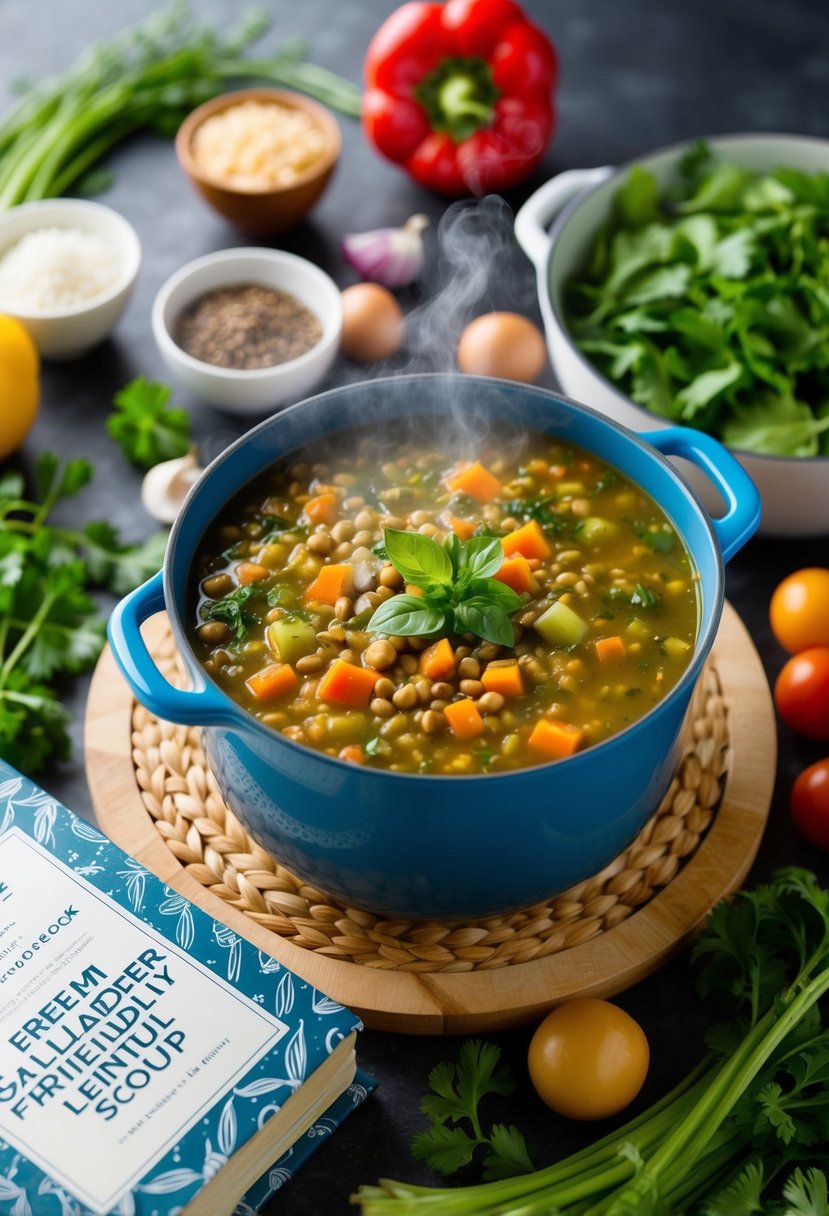 A steaming pot of vegetable lentil soup surrounded by fresh ingredients and a gallbladder-friendly recipe book