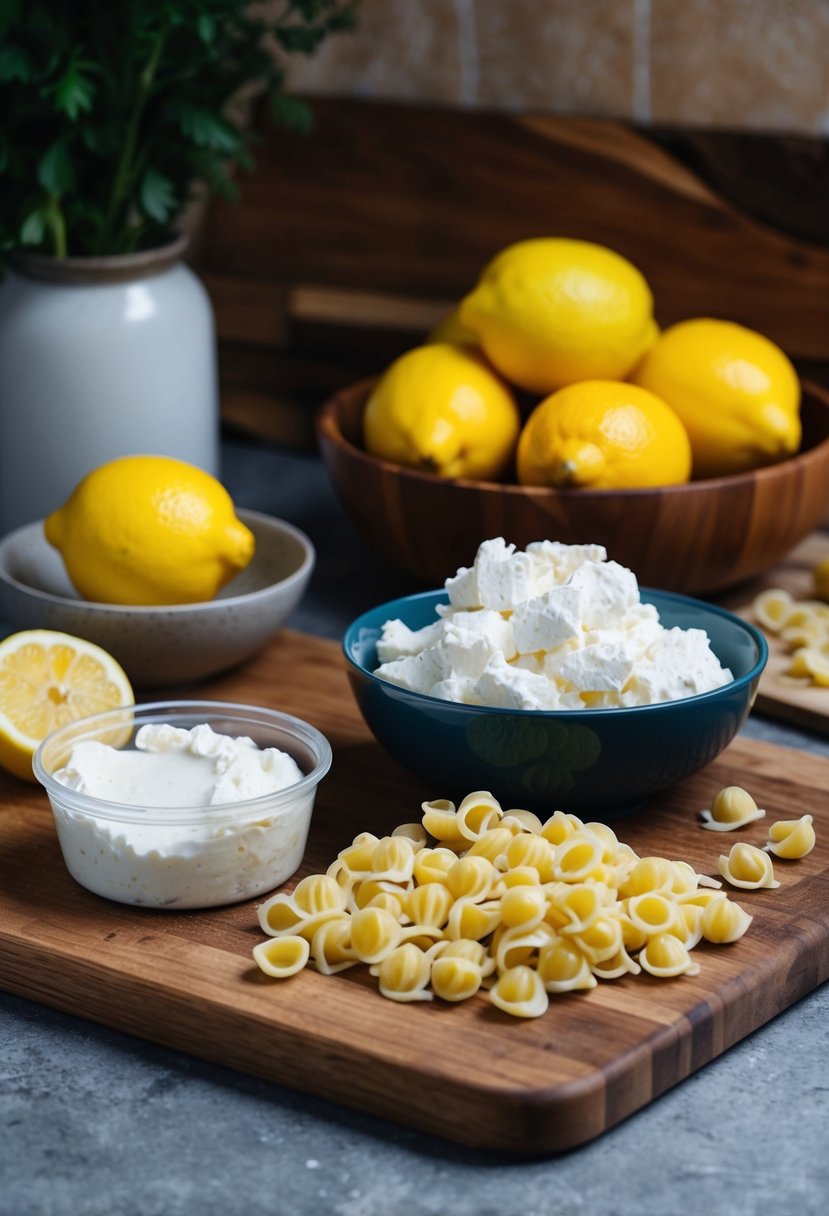 A rustic kitchen counter with a wooden cutting board, a bowl of fresh lemons, a container of ricotta cheese, and a pile of orecchiette pasta