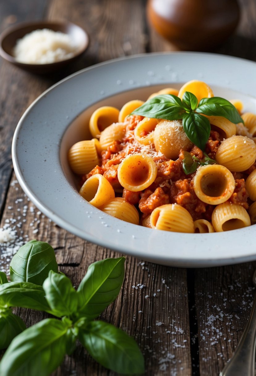 A steaming bowl of orecchiette pasta in a spicy arrabbiata sauce, garnished with fresh basil and grated parmesan, sits on a rustic wooden table