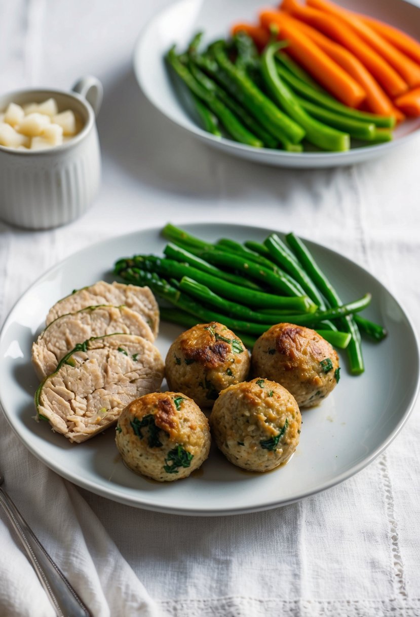 A plate of turkey and spinach meatballs with a side of steamed vegetables, set on a clean, white tablecloth