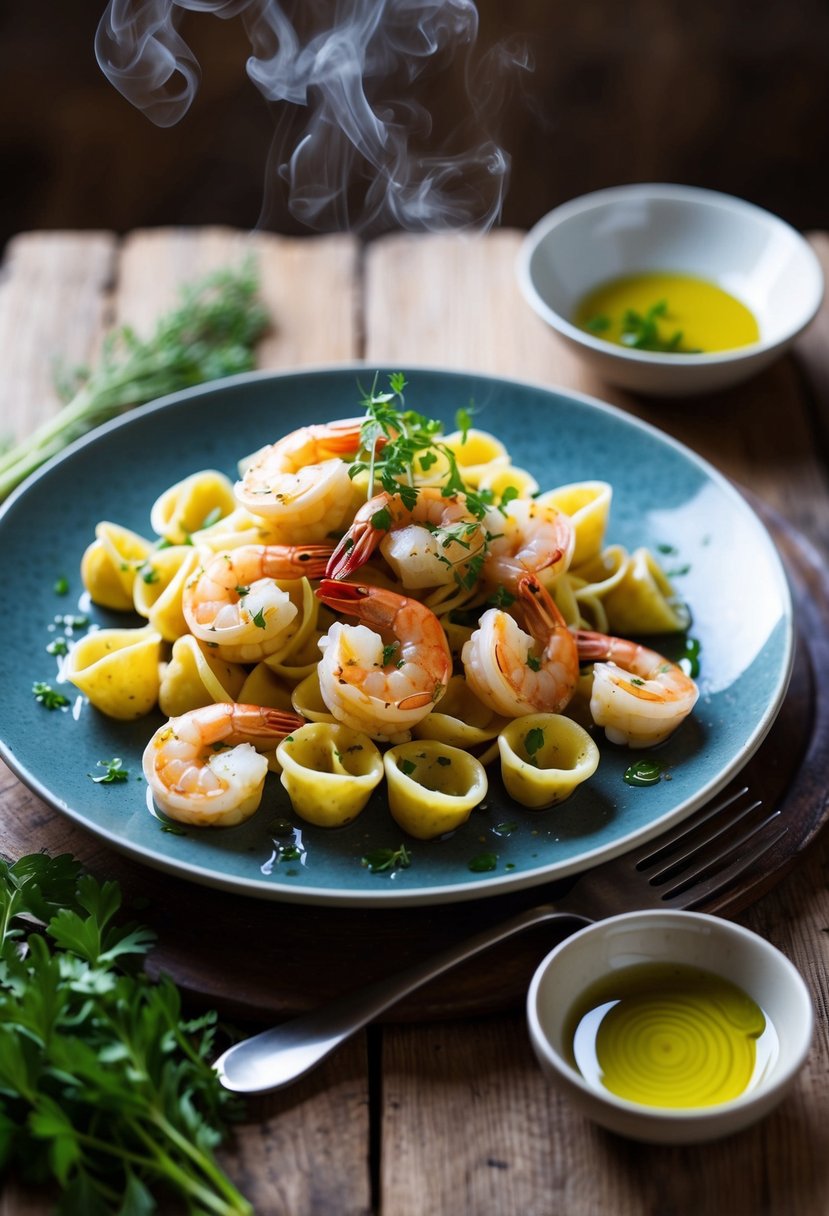 A steaming plate of garlic shrimp orecchiette sits on a rustic wooden table, garnished with fresh herbs and drizzled with olive oil