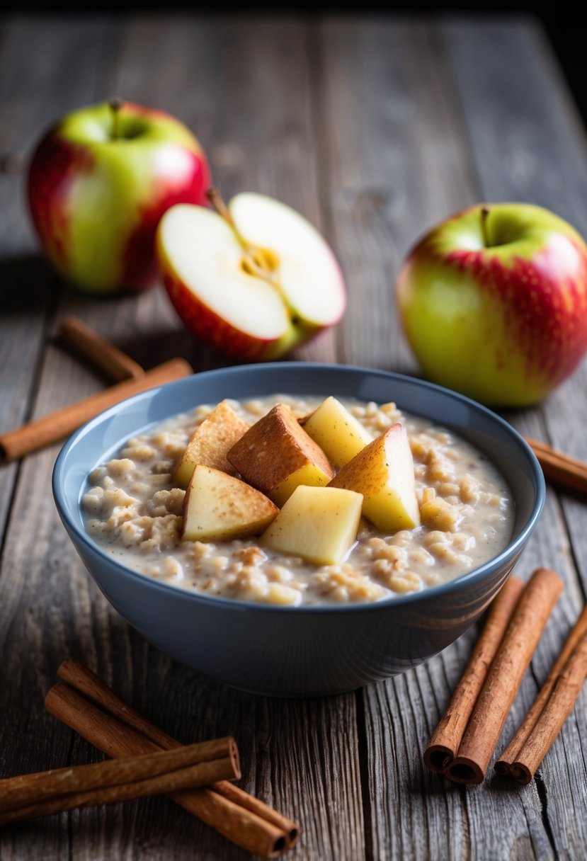 A bowl of apple cinnamon oatmeal surrounded by fresh apples and cinnamon sticks on a wooden table