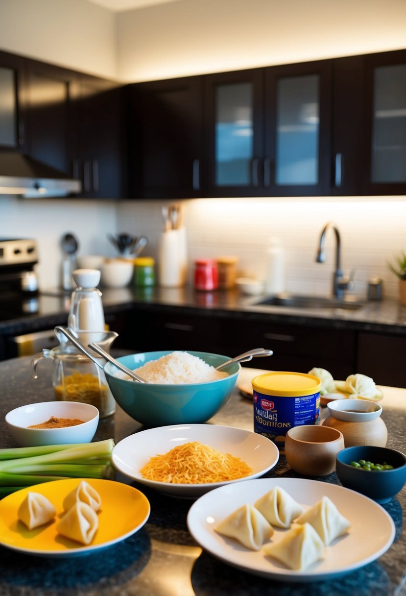 A kitchen counter with a variety of ingredients and utensils for making wontons