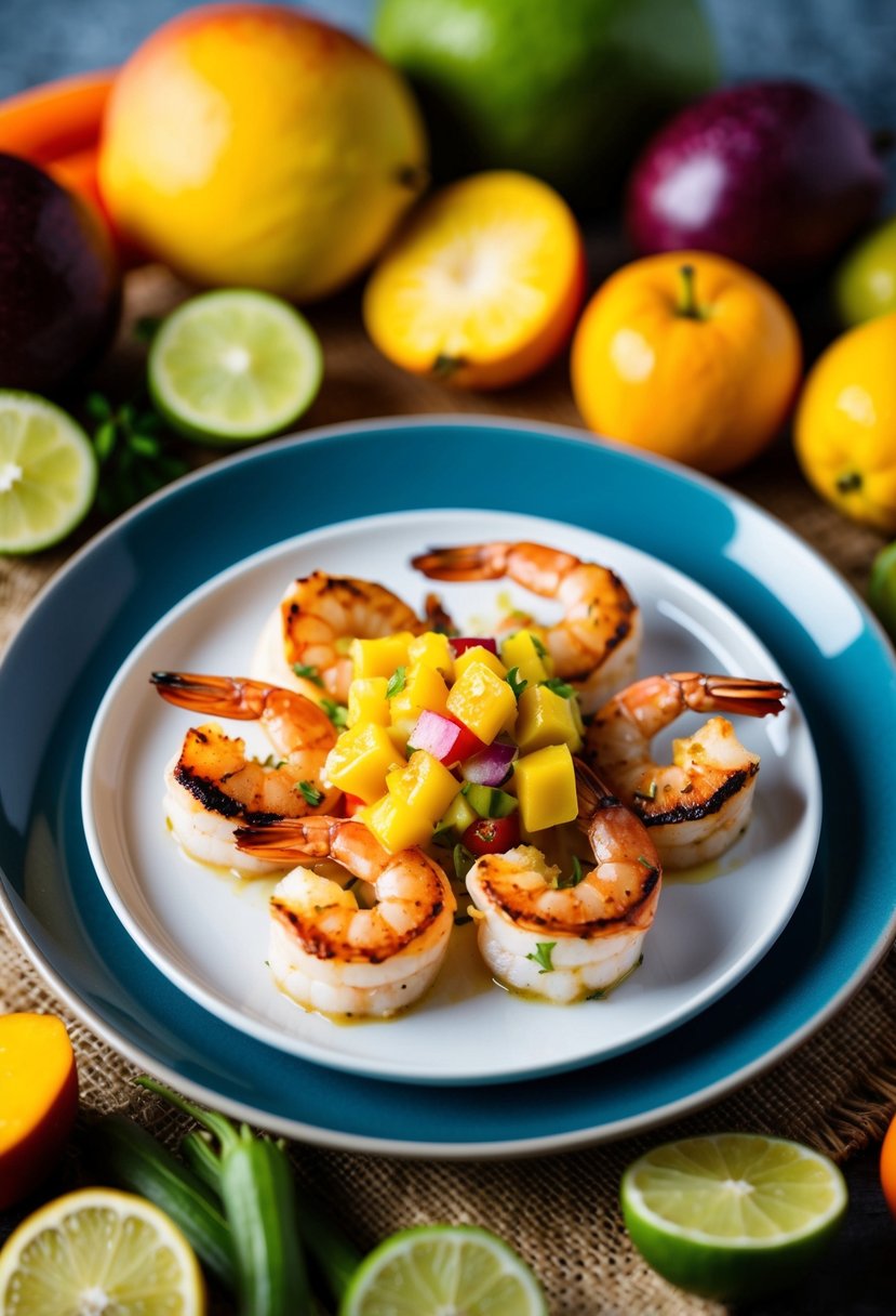 Grilled shrimp with mango salsa on a plate, surrounded by colorful fruits and vegetables