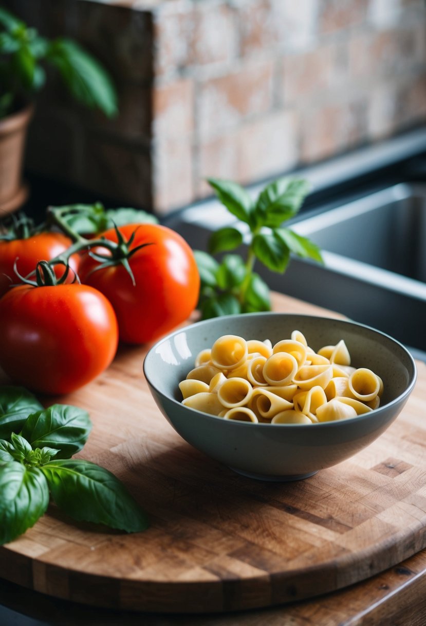 A rustic kitchen counter with a wooden cutting board, fresh tomatoes, basil leaves, and a bowl of orecchiette pasta