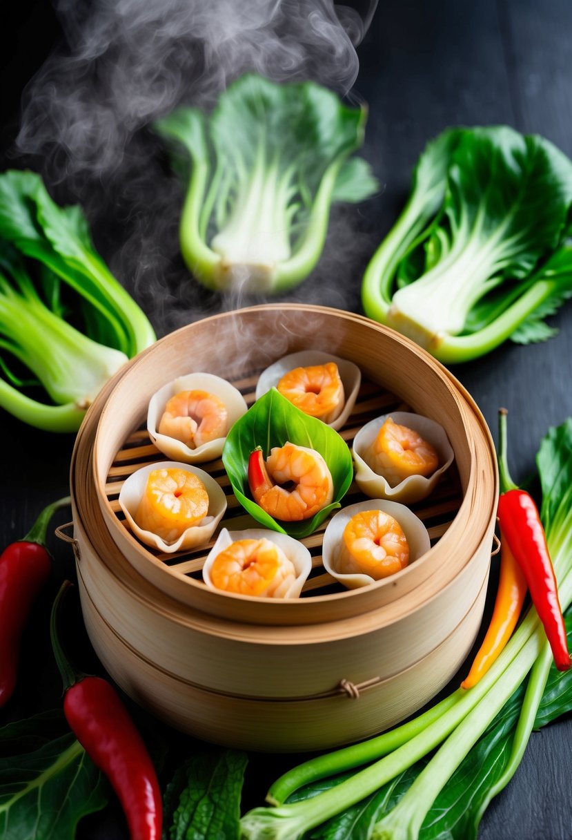 A steaming bamboo steamer filled with freshly cooked pork and shrimp wontons, surrounded by vibrant green bok choy leaves and colorful chili peppers