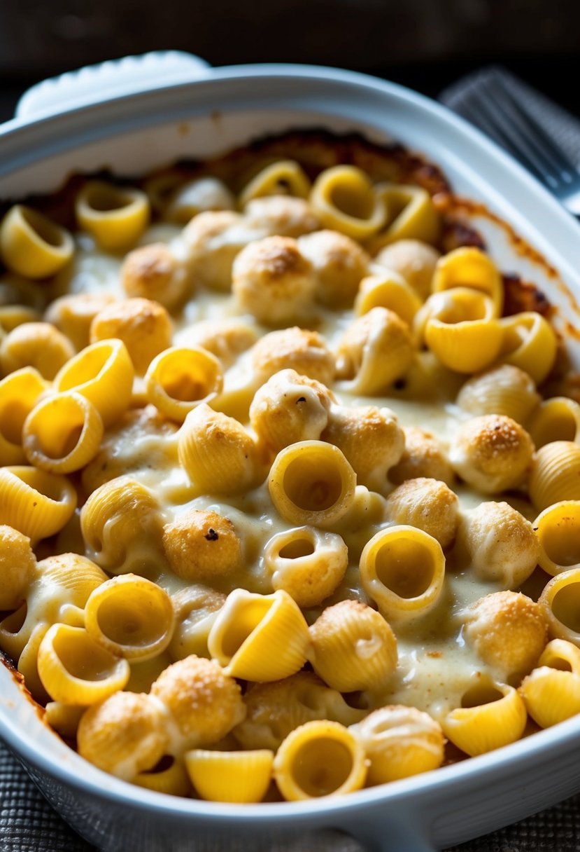 A bubbling dish of orecchiette pasta, coated in a creamy cheese sauce, fresh out of the oven, with golden brown edges