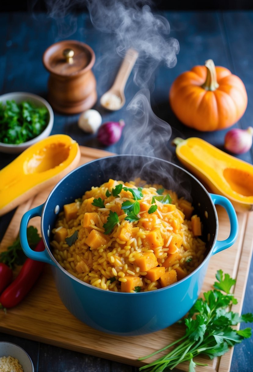 A steaming pot of butternut squash risotto surrounded by colorful ingredients on a wooden cutting board