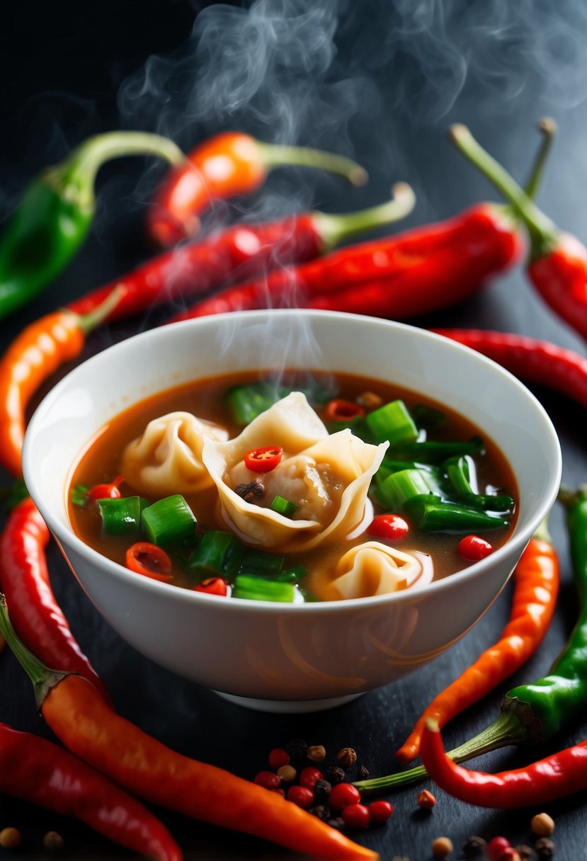 A steaming bowl of Sichuan Wonton soup surrounded by vibrant red chili peppers and fragrant Sichuan peppercorns