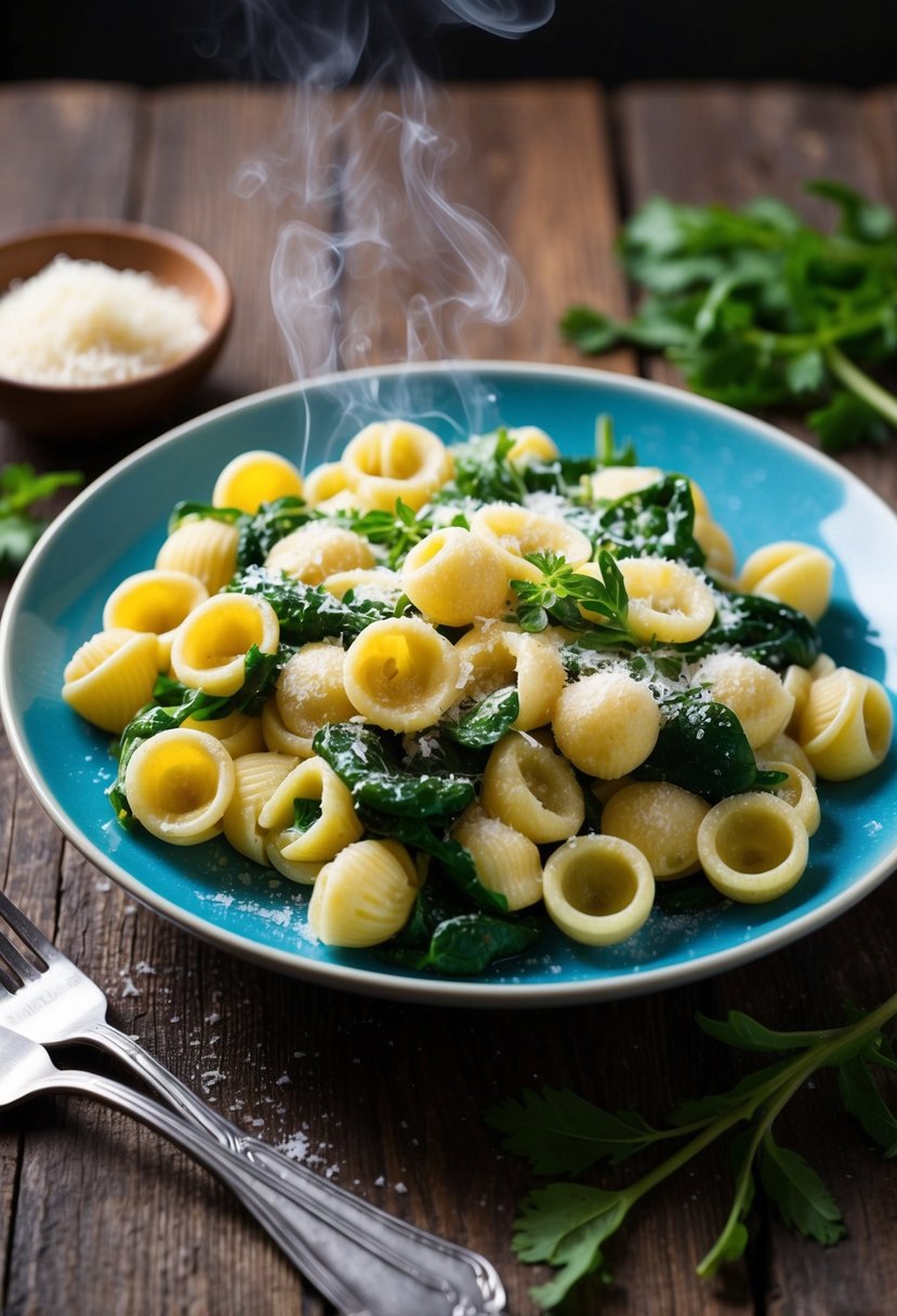 A steaming plate of orecchiette pasta with wilted spinach and grated parmesan, garnished with fresh herbs and served on a rustic wooden table