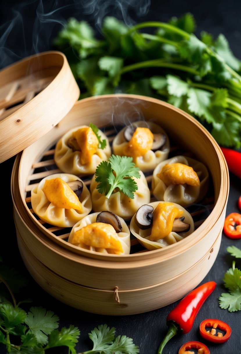 A steaming bamboo steamer filled with freshly cooked chicken and mushroom wontons, surrounded by vibrant green cilantro leaves and slices of red chili pepper