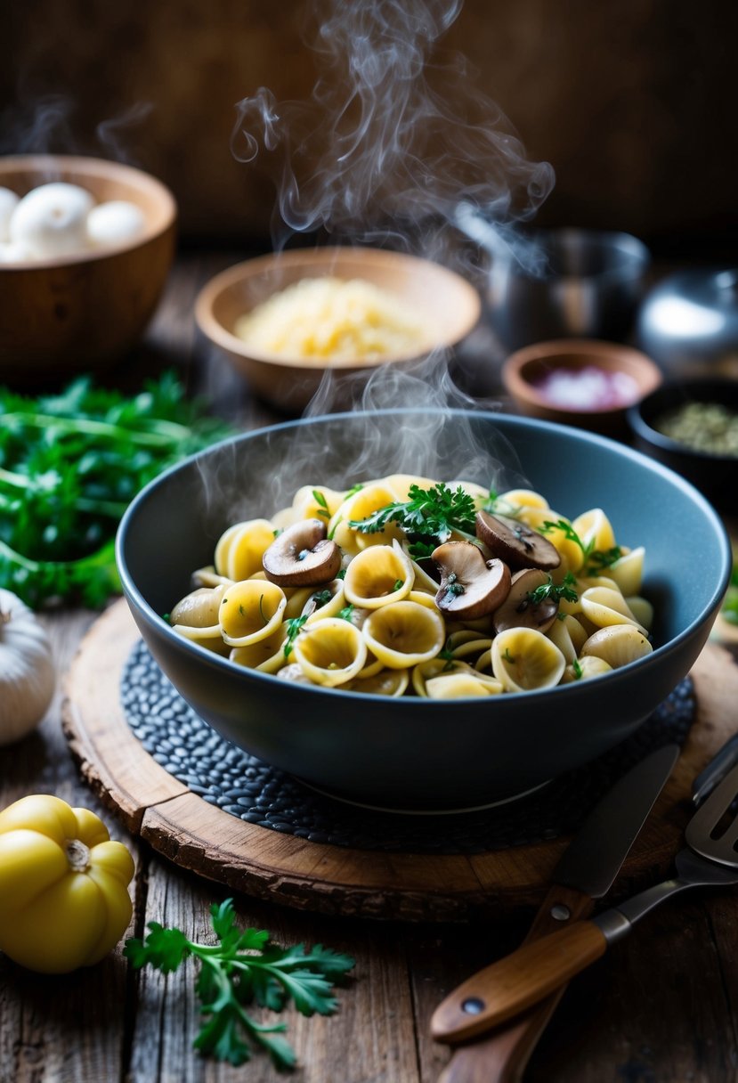 A steaming bowl of mushroom & herb orecchiette sits on a rustic wooden table, surrounded by fresh ingredients and cooking utensils