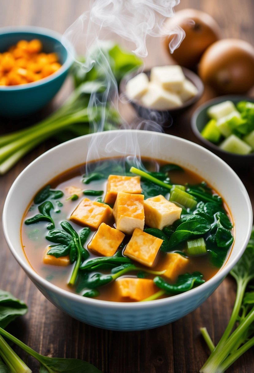 A steaming bowl of vegetarian wonton soup, filled with tofu and spinach, sits on a wooden table surrounded by fresh ingredients