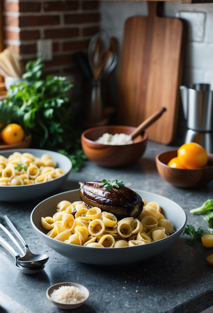 A rustic kitchen counter with a bowl of orecchiette pasta topped with roasted eggplant, surrounded by fresh ingredients and cooking utensils