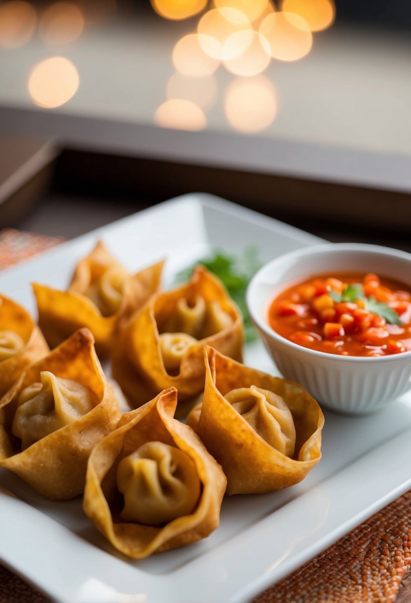 Golden fried wontons arranged with a side of sweet chili sauce on a white plate