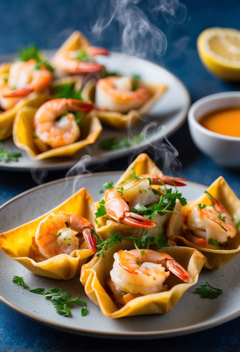 A steaming plate of seafood wontons with crab and shrimp, garnished with fresh herbs and served with a side of dipping sauce