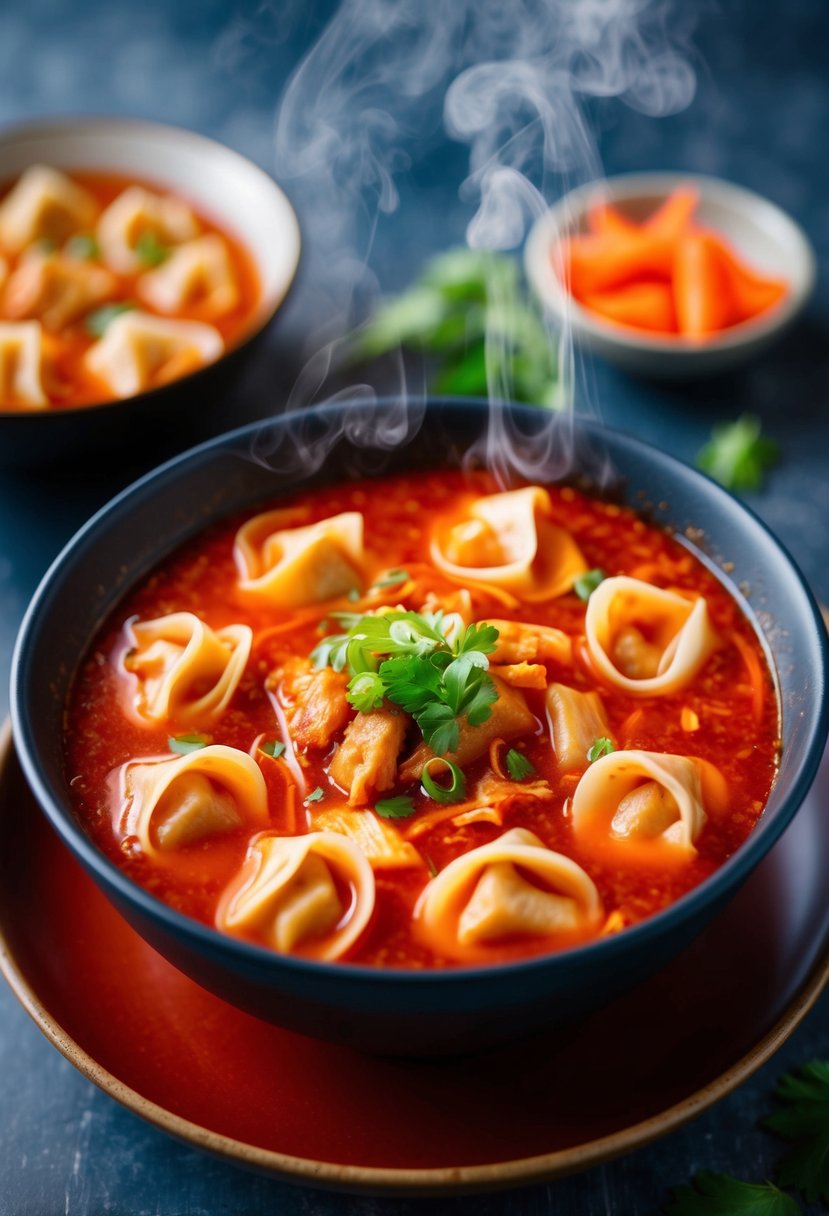 A steaming bowl of kimchi wonton soup with vibrant red broth and filled with pork wontons