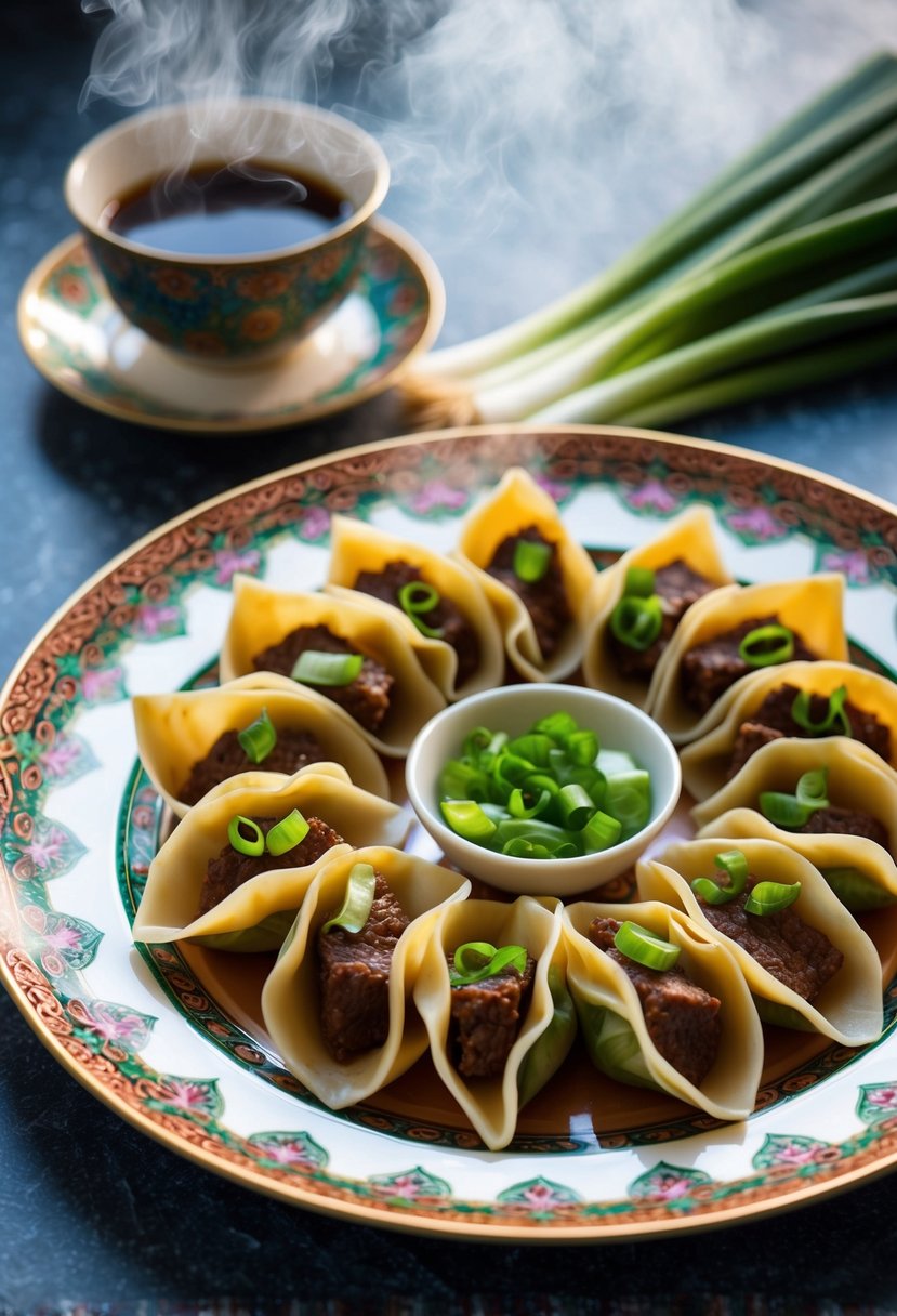 A steaming plate of beef and green onion wontons arranged on a decorative platter