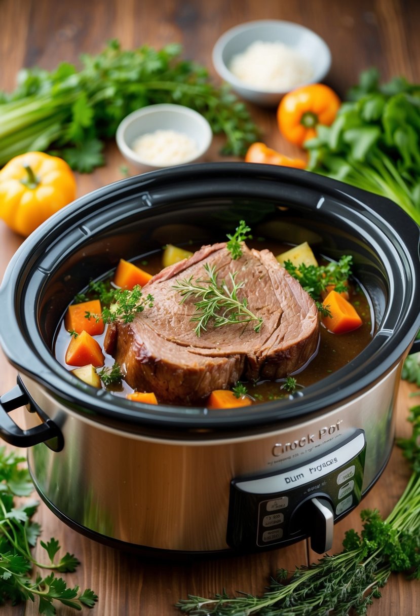 A crock pot filled with savory rump roast surrounded by fresh herbs and vegetables