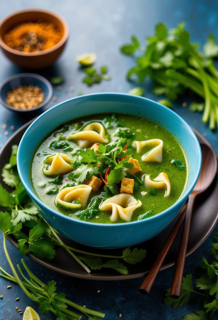 A steaming bowl of Thai Green Curry Wonton soup surrounded by fresh herbs and spices