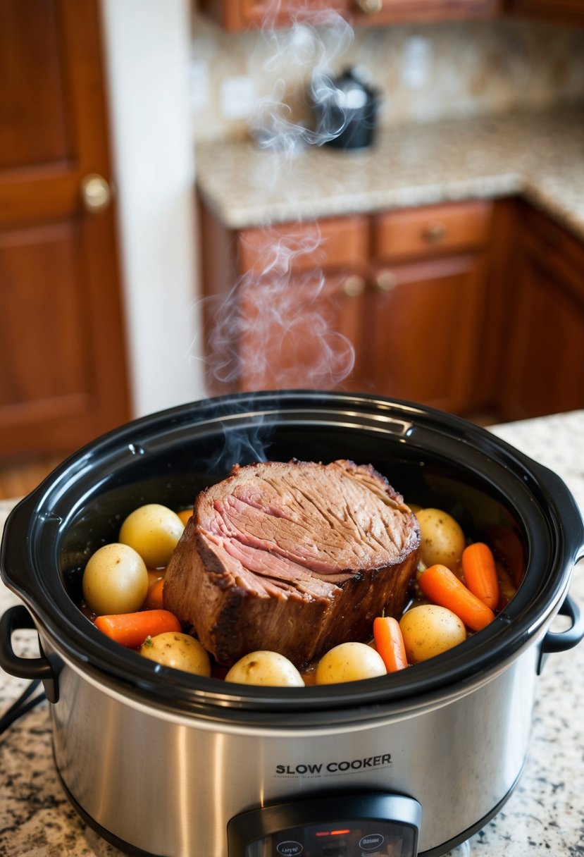 A slow cooker sits on a kitchen counter, filled with a savory rump roast surrounded by carrots, potatoes, and onions. The aroma of the tender meat fills the room