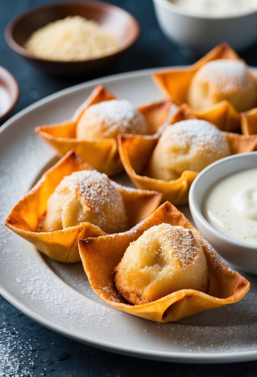 A plate of golden-fried wontons filled with sweet coconut dessert, garnished with powdered sugar and served with a side of dipping sauce