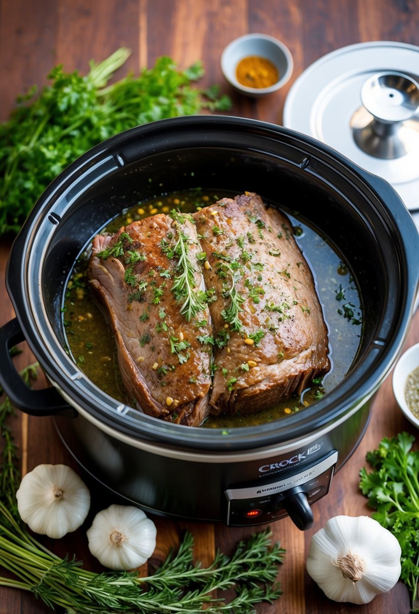 A crock pot filled with garlic herb rump roast surrounded by fresh herbs and spices