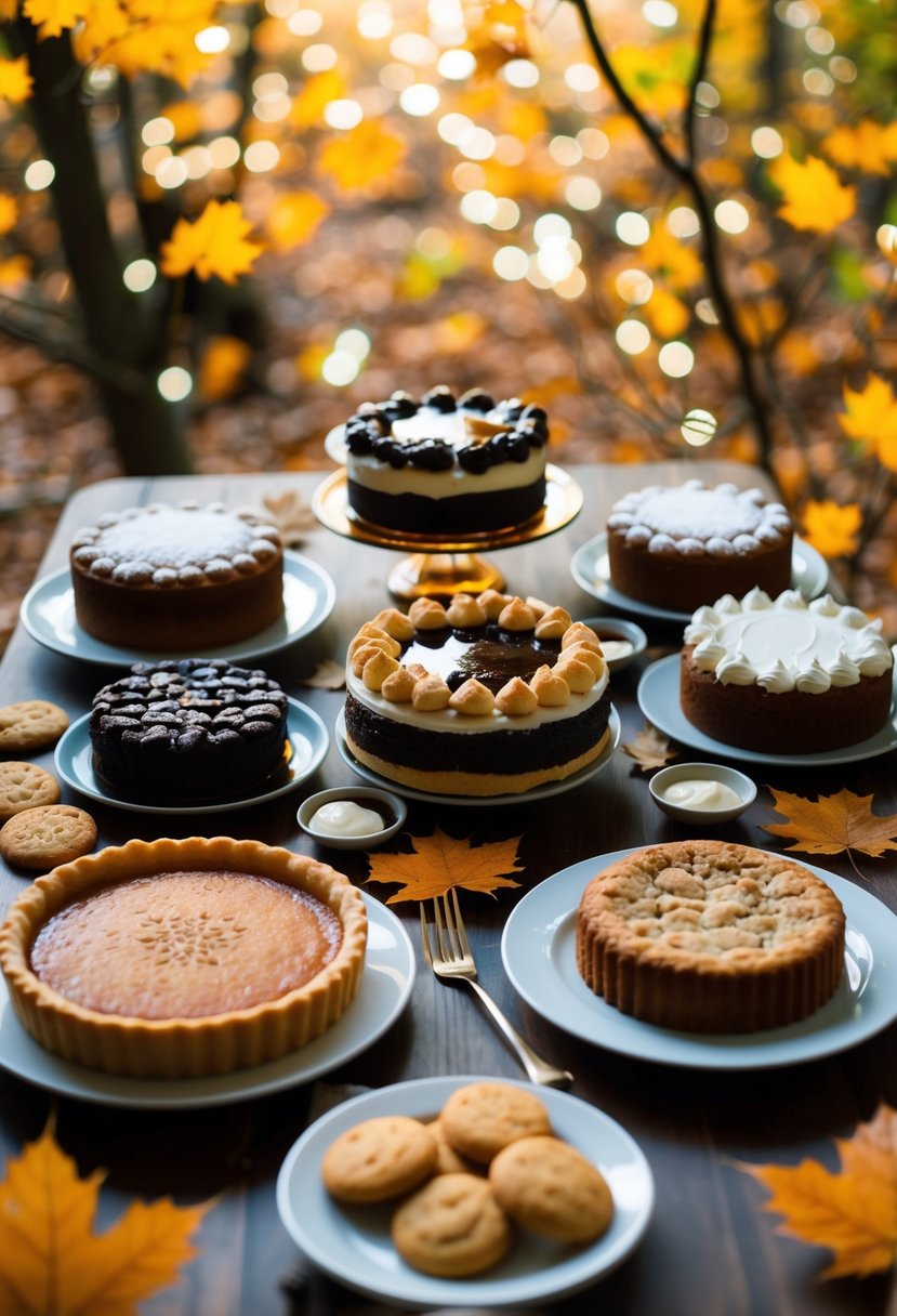 A table spread with various maple desserts, including cakes, tarts, and cookies, surrounded by maple leaves and syrup