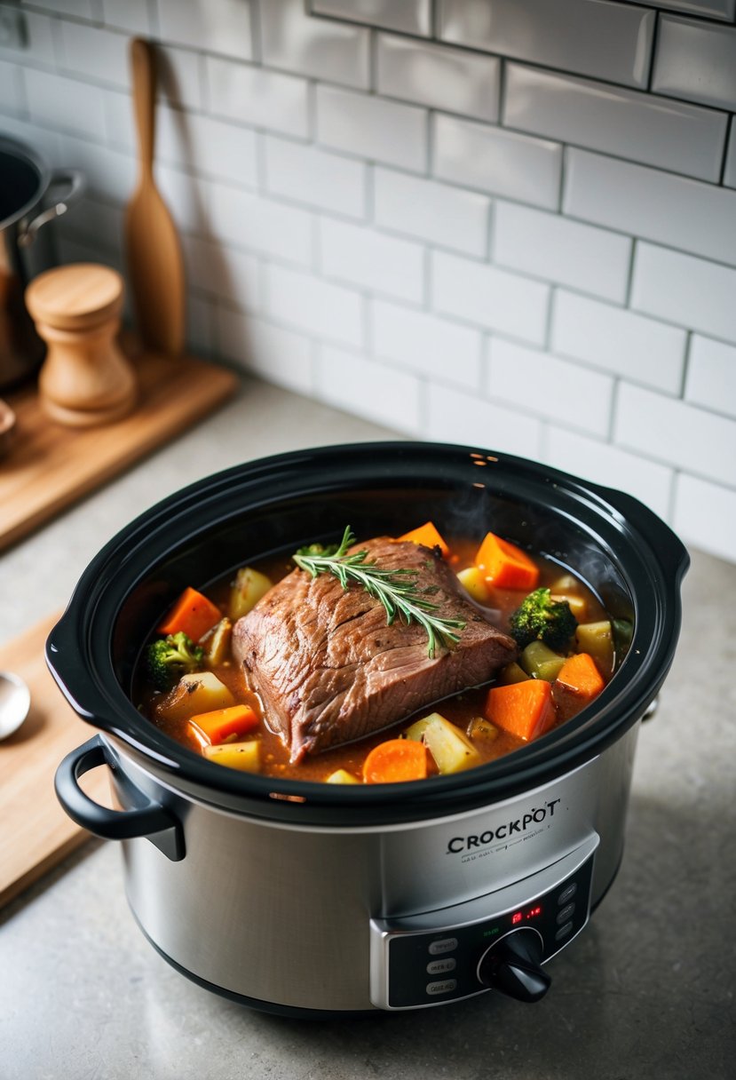 A crockpot filled with savory rump roast and vegetables simmering on a kitchen counter