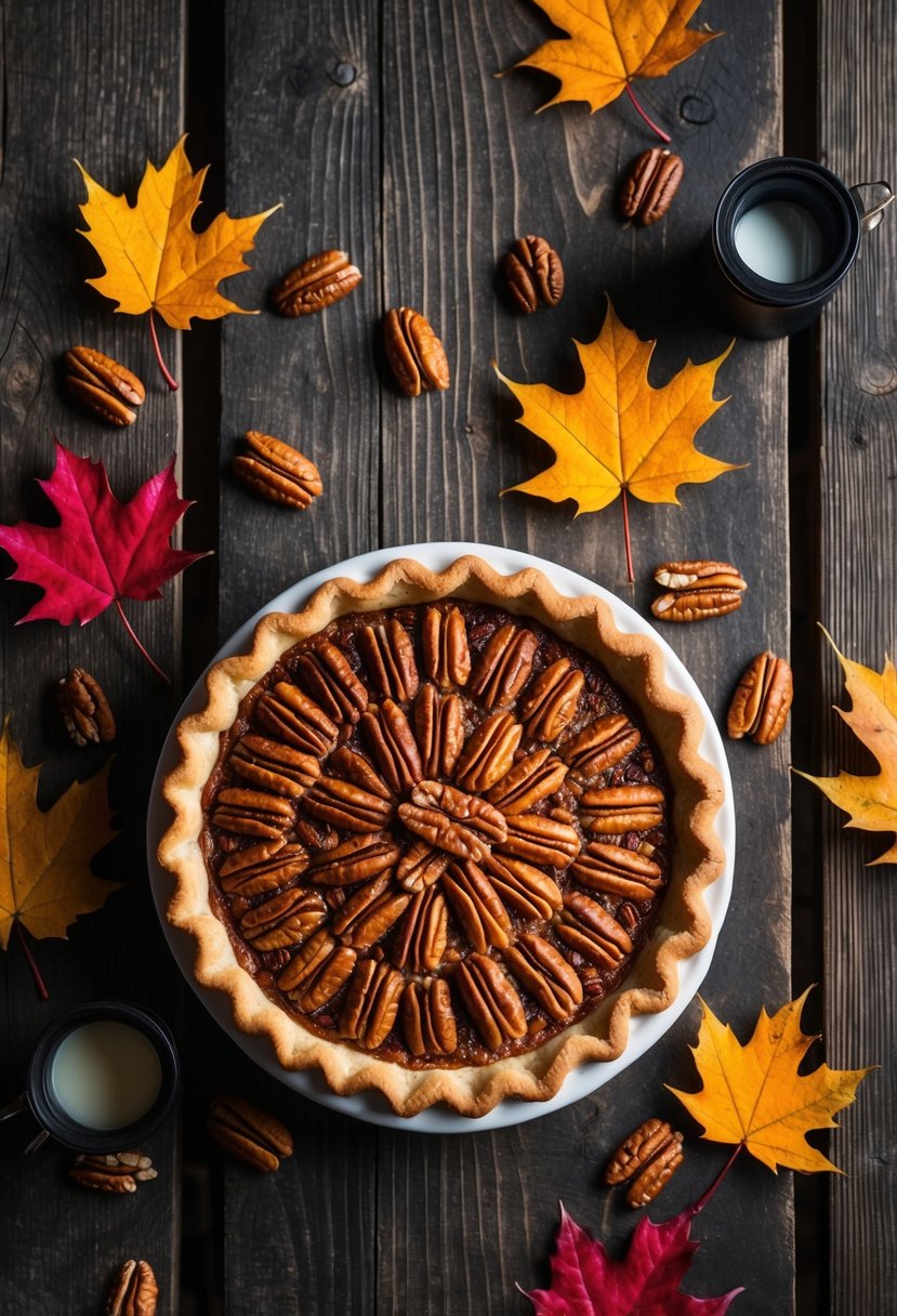 A rustic wooden table with a freshly baked maple pecan pie surrounded by maple leaves and pecans