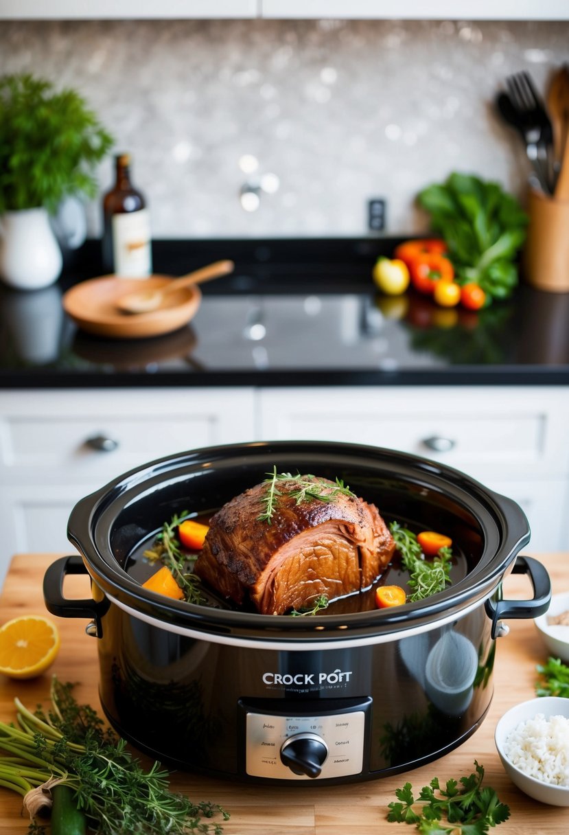 A crock pot sits on a kitchen counter, filled with a honey balsamic rump roast surrounded by fresh herbs and vegetables